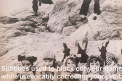 Promotional image of the Softitler system showing a group of people on a rocky beach. An overlaid text reads "Subtitles used to block out your frame while irrevocably corroding your print", highlighting how traditional subtitles block and damage the original image.
