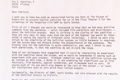 A thank you letter from Adrienne Mancia, curator of film exhibitions at the Museum of Modern Art, to Fabrizio Fiumi. The letter praises the clarity and effectiveness of the Softitler subtitling system used during the projection of the Hungarian film "SWAP" at MoMA, highlighting its positive impact on the audience's experience. 21 April 1987.